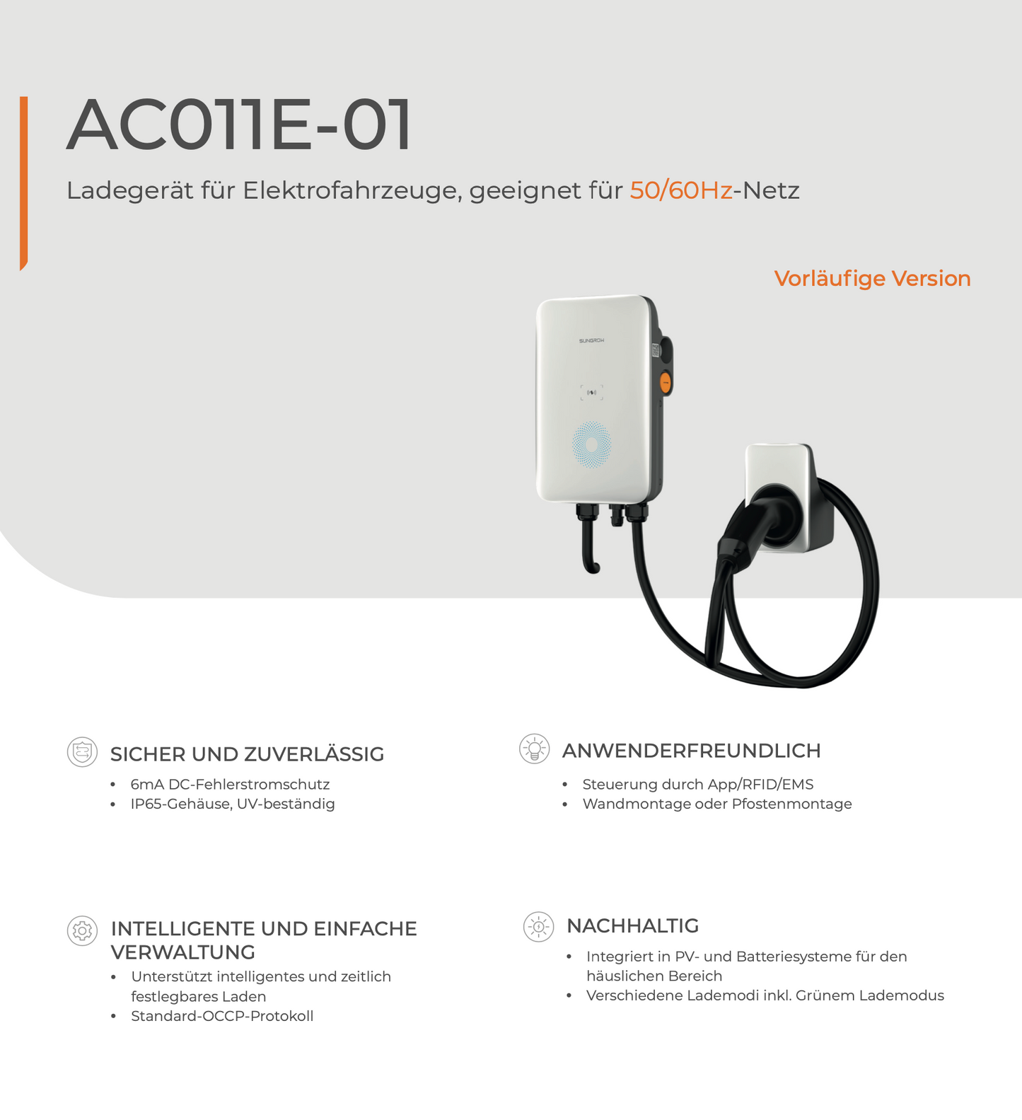 SUNGROW Wallbox 11 kWh AC EV AC011E-01 Ladestation Typ 2 Stecker 7m