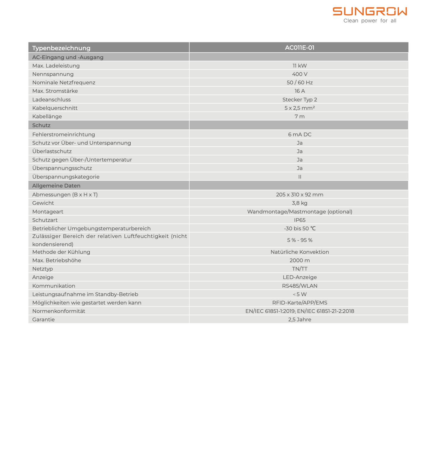 SUNGROW Wallbox 11 kWh AC EV AC011E-01 Ladestation Typ 2 Stecker 7m