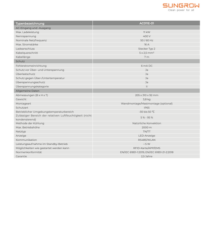 SUNGROW Wallbox 11 kWh AC EV AC011E-01 charging station Type 2 plug 7m