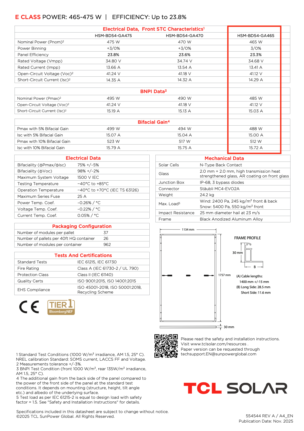 TCL HSM-BD54-GA 465W, Glas/Glas, BackContact, Black Frame, 36 Stück