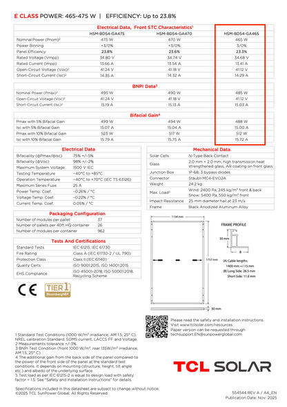 TCL HSM-BD54-GA 465W, Glas/Glas, BackContact, Black Frame, 36 Stück